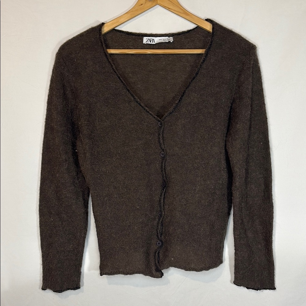 Zara Brown Cardigan Sweater V-Neck polyamide/wool/alpaca blend fabric